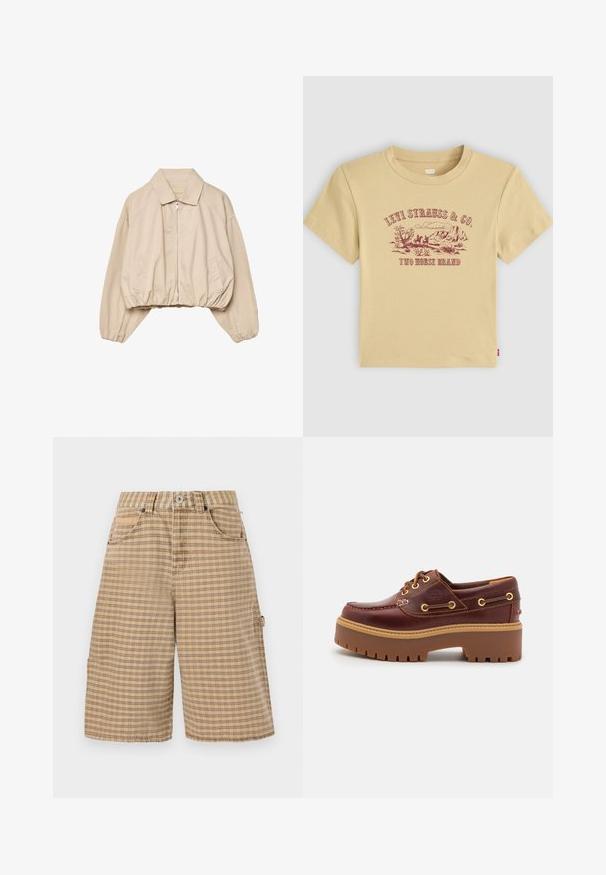 Beige zkrácená bunda s límečkem, zipovým zapínáním a elastickým lemem. Vyrobena z hladkého materiálu, má boční kapsy.; Béžové bavlněné tričko s krátkými rukávy, na kterém je maroon grafický tisk horské krajiny a nápis "Levi Strauss & Co. Dvouvěsový brand."; BDG Urban Outfitters CHECK NICOLA JORT - Šortky - beige; Hnědé kožené boty na lodi s robustní hnědou gumovou podrážkou, zlatými očky a kontrastním prošíváním. Na boku se nachází logo.