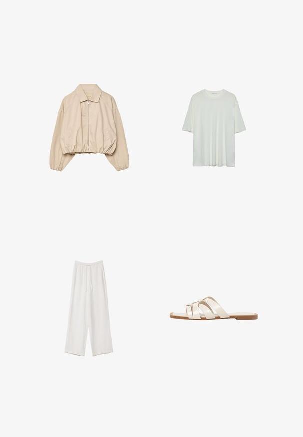 Beige zkrácená bunda s límečkem, zipovým zapínáním a elastickým lemem. Vyrobena z hladkého materiálu, má boční kapsy.; Bílý krátký rukáv tričko, kulatý výstřih, měkká kombinace bavlny, uvolněný střih, bezšvový lem, minimalistický design bez zdobení.; Bílé široké kalhoty vyrobené z lehké tkaniny. Mají elastický pas se šňůrkou a boční kapsy. Hladká textura.; Ploché sandály s hnědou gumovou podrážkou, navržené se třemi překrývajícími se bílými koženými řemínky a malým mašlí uprostřed.