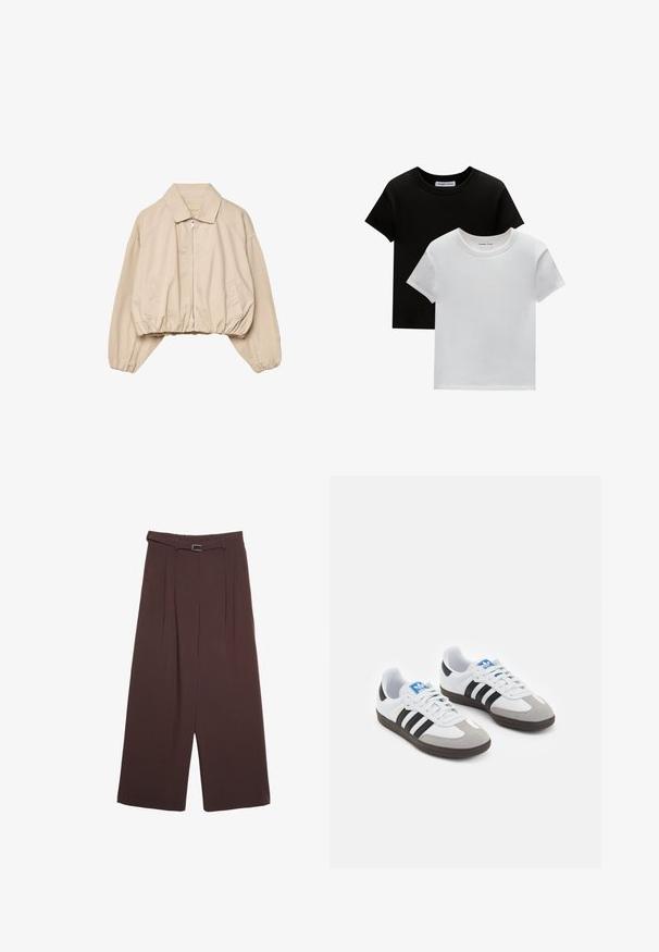 Beżowa krótka kurtka z kołnierzykiem, zapinana na zamek błyskawiczny, z elastycznym dołem. Wykonana z gładkiego materiału, z bocznymi kieszeniami.; Dwie koszulki z okrągłym dekoltem w kolorze czarnym i białym, wykonane z bawełny. Posiadają krótkie rękawy i jednolity kolor bez wzorów czy akcentów.; Stradivarius - Spodnie materiałowe; Buty sportowe z białą skórzaną cholewką, szarym zamszowym noskiem i trzema czarnymi paskami. Posiadają niebieskie logo na języku oraz teksturowaną gumową podeszwę.