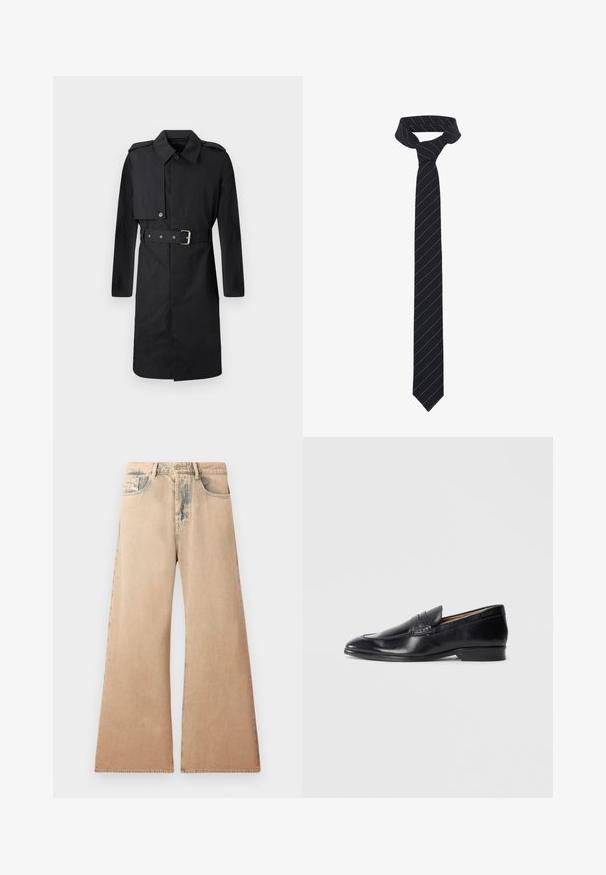 Casaco trench preto até ao joelho com cinto, aba abotoada no lado direito do peito e epaulettes nos ombros, exibido em fundo branco.; Camisa de manga longa branca feita de tecido texturizado, com colarinho clássico, fecho com botões à frente e bainha reta, com um ajuste descontraído.; Jeans bege de perna larga com textura desbotada, design de cinco bolsos e detalhes de costura ao longo das costuras. A cintura tem um fecho tradicional de botão.; Sapato de couro preto tipo mocassim com um acabamento liso, bico pontudo e detalhes de costura subtis. Apresenta um salto baixo e um logotipo embutido na lateral.; Gravata preta com riscas diagonais azuis, feita de um tecido suave. Apresenta uma ponta afilada e um laço apertado no topo.