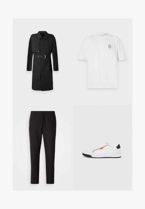 Casaco trench preto até ao joelho com cinto, aba abotoada no lado direito do peito e epaulettes nos ombros, exibido em fundo branco.; Camisa de algodão branca com um corte relaxado, apresentando um pequeno logótipo gráfico preto na área do peito esquerdo. Mangas curtas, estilo de gola redonda.; Calças de jogging pretas feitas de tecido liso. Apresentam uma cintura elástica com cordão, pernas ligeiramente ajustadas e sem bolsos visíveis. Design simples.; Tênis atléticos brancos com detalhes em malha e couro. Apresenta um logotipo dourado "BOSS", painéis laterais texturizados e um capô de calcanhar preto. Sola em borracha.