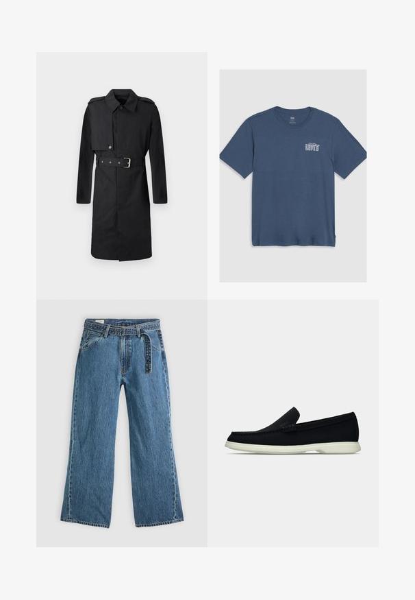 Trench coat negru, cu lungime până la genunchi, prevăzut cu o curea, clapetă butonată pe partea dreaptă a pieptului și epoleți la umeri, expus pe fundal alb.; Tricou din bumbac albastru, cu guler rotund și mâneci scurte. Un logo alb "Levi's" este imprimat în zona stângă a pieptului. Design simplu.; Jeans din denim albastru, cu picioare largi, curea atașată, buzunare frontale și cusături vizibile pe un fundal simplu deschis.; Pantof negri slip-on cu vârf rotunjit, având un superior texturat, o talpă albă netedă și un detaliu de branding subtil pe lateral.