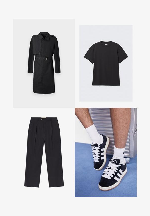 Melnas ceļgala garuma tranšejas mētelis ar jostu, pogām ar klapām labajā krūtī un plecu epauletiem, attēlots uz balta fona.; Melnas īsām piedurknēm t-krekls, kas izgatavots no kokvilnas. Tam ir apaļa kakla izgriezne un brīva piegriezuma siluets. Vienkāršs dizains bez rakstiem vai akcentiem.; Pielāgoti tumši zilie bikses ar augstu jostasvietu, divām priekšējām krokām, pogu aizdari un taisnām kājām no gludas auduma.; Melni zamšaini sporta apavi ar baltiem šņorēm un trim baltām svītrām. Iekļauj arī apaļu melnu logotipu uz mēles un gumijas zoli.