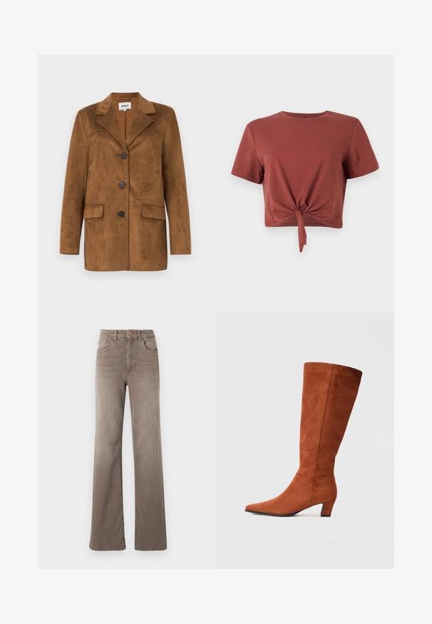 Brown suede blazer with a notch lapel, four buttons, two front pockets, and a tapered fit. Smooth texture with a minimalistic design.; Rust-colored cropped t-shirt in soft cotton with short sleeves and a knotted front detail. Smooth texture, round neckline.; Brown high-waist straight-leg jeans with front button, belt loops, and classic five-pocket design on a white background.; Brown suede knee-high boot with a pointed toe and a small block heel, featuring a smooth texture and minimalistic design.