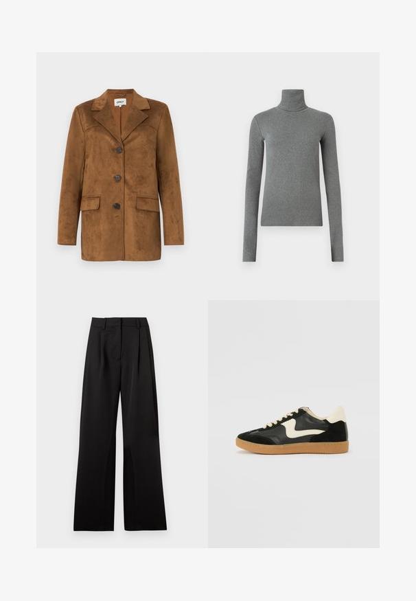 Bruine suede blazer met een notch lapel, vier knopen, twee voorkeurszakken en een getailleerde pasvorm. Glad van structuur met een minimalistisch ontwerp.; Grijze coltrui gemaakt van gladde, rekbare stof. Lange mouwen, aansluitend ontwerp, minimale textuur, zonder zichtbare patronen of hardware.; Zwarte wijde broek met een soepele textuur, voorzien van voorplooien, een platte tailleband en riemlussen. Eenvoudig, op maat gemaakt ontwerp.; Zwarte suède en leren sneaker met een crèmekleurige zij-swoosh en lichte crèmekleurige hiel. Voorzien van beige veters en een gumrubberen zool.