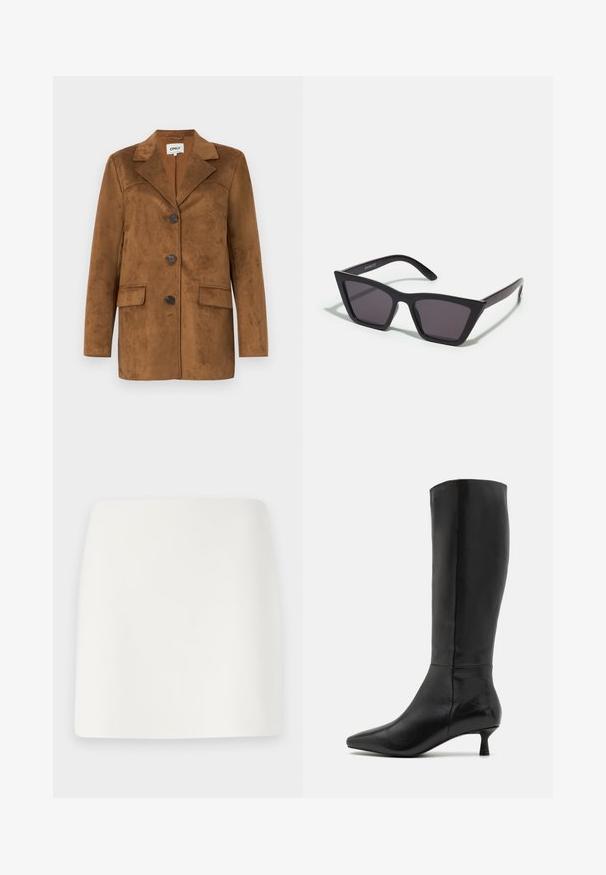 Brun mockaskinnsblazer med slagkrage, fyra knappar, två framfickor och en smal passform. Slät textur med en minimalistisk design.; Svart långärmad åtsittande t-shirt med rund halsringning, med en lätt struktur och en liten vit märkesetikett innerst i kragen.; Vit, figurnära mini kjol med en slät textur och rena linjer. Inga synliga mönster eller detaljer. Rak fåll i botten.; Zign Stövel - black; Svarta, vinklade solglasögon med grå linser; tillverkade av plast, med tjocka skalmar med en slät yta och utan synlig hårdvara.; Brun läderhandväska med två stadiga handtag, rektangulär form, slät yta och dragkedjestängning. Minimalistisk design utan synliga mönster.