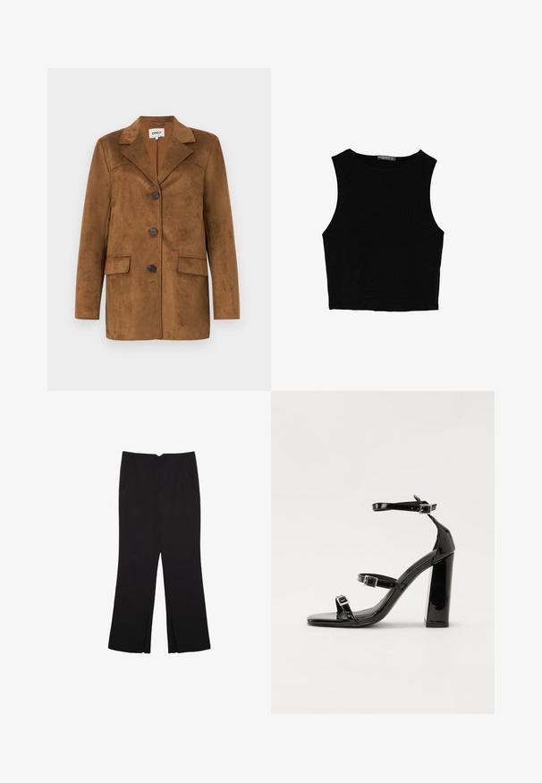 Brown suede blazer with a notch lapel, four buttons, two front pockets, and a tapered fit. Smooth texture with a minimalistic design.; Black sleeveless crop top made of smooth fabric, featuring a round neck and a clean, simple design without patterns or hardware.; Black trousers with a straight fit, featuring front pockets and side slits at the hem. Made of soft, smooth fabric. Suitable for various occasions.; Black patent heeled sandals with a square toe, ankle straps, and silver buckles. Features a chunky block heel for stability.