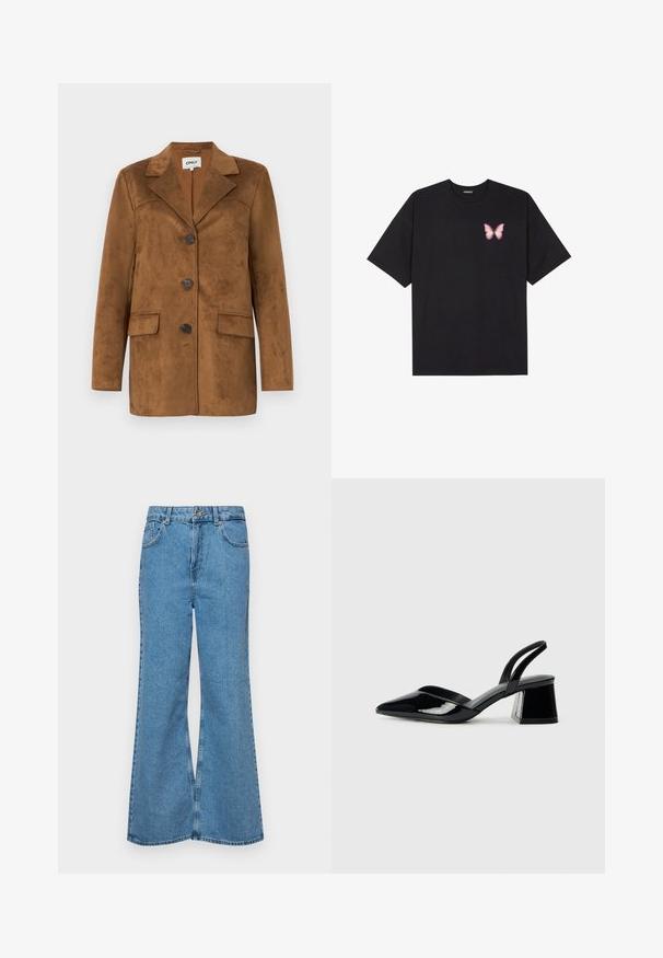 Rudas zomšinės švarkas su iškirpte, keturiais mygtukais, dviem priekinių kišenių ir siaurėjančiu siluetu. Lygus paviršius su minimalistiniu dizainu.; Juodas medvilnės marškinėliai trumpomis rankovėmis, su maža rožine drugelio grafika kairėje krūtinės pusėje. Apvalus kaklo iškirpimas, laisvas kirpimas.; Šviesiai mėlynos flared džinsai, pagaminti iš džinsinio audinio, su aukštu liemeniu, penkiomis kišenėmis ir vienu mygtuko užsegimu. Minkštas paviršius su išblukusiu efektu.; Juodos lakuotos odinės šlepetės su smailiu pirštu ir geometriniu bloko kulnu. Turi elegantišką, minimalistinį dizainą ir lygų paviršių.