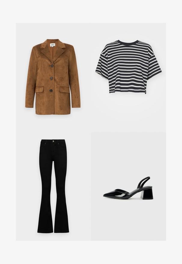 Pruun nubukist bleiser, millel on kõrge krae, neli nuppu, kaks esi-taskut ja kitsenev lõige. Sile tekstuur ja minimalistik disain.; Rööbastega lühikeste varrukatega navy ja valge lühike t-särk. Ümar kaelus, pehme kangas horisontaalsete triipudega ja lõdva lõikega.; Mustad kõrge vöökohtadega teksad, millel on nööp ja lukuga sulgemine, esikäe taskud ja laienevad sääred, asetatud tasasele valgele taustale.; Mustad musta lakknahk kingad, millel on terav varvas ja geomeetriline plokkkonts. Omab elegantselt minimalistlikku disaini ja sujuvat tekstuuri.