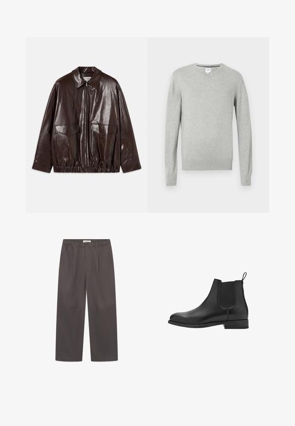 Hnědá kožená bunda se zipem vpředu, velkými náprsními kapsami a elastickým páskem v pase. Má špičatý límec a hladký povrch.; Svetle šedý svetr, design s výstřihem do V, dlouhé rukávy, žebrované manžety a lem, měkká textura. Značka umístěná na výstřihu.; Bílá bavlněná tričko s krátkým rukávem, kulatým výstřihem a hladkou texturou. Žádné vzory ani akcenty nejsou viditelné.; Šedé široké kalhoty vyrobené z hladké látky, s knoflíkovým zapínáním a dvěma bočními kapsami. Jednoduchý, čistý design bez viditelných vzorů.; Černé kožené chelsea boty s elastickými bočními panely, kulatou špičkou a nízkým blokovým podpatkem. Hladká textura a čistý, minimalistický design.