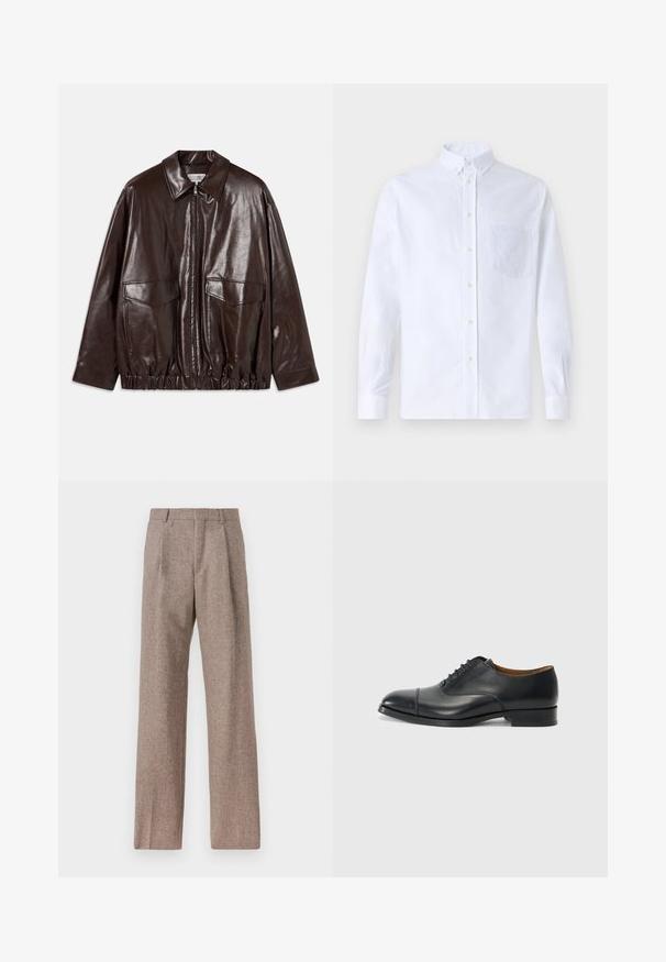 Ruda odinė striukė su užtrauktuku, didelėmis krūtinėmis kišenėmis ir elastinga juosmena. Ypatybės: smailas apykaklė ir lygus paviršius.; Balta ilga rankovė mygtukų marškiniai, pagaminti iš medvilnės, su krūtine kišene ir toniniu siuvinėjimu, apykakle ir mygtukų apvadu.; Rudos, aukšto liemens kelnes, pagamintas iš tekstūruotos medžiagos. Plati kojos, dvi priekinės klostės struktūrai. Tvarkingas apdailos darbai, be matomų detalių.; Juodas odinis batelis su lygiu paviršiumi, apvaliu priekiniu galu, penkiomis skylutėmis raištams ir žemu blokiniu kulnu. Minimalistinis dizainas su subtiliomis siūlėmis.