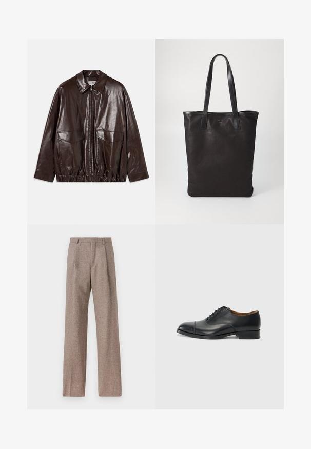 Ruda odinė striukė su užtrauktuku, didelėmis krūtinėmis kišenėmis ir elastinga juosmena. Ypatybės: smailas apykaklė ir lygus paviršius.; Balta ilga rankovė mygtukų marškiniai, pagaminti iš medvilnės, su krūtine kišene ir toniniu siuvinėjimu, apykakle ir mygtukų apvadu.; Rudos, aukšto liemens kelnes, pagamintas iš tekstūruotos medžiagos. Plati kojos, dvi priekinės klostės struktūrai. Tvarkingas apdailos darbai, be matomų detalių.; Juodas odinis batelis su lygiu paviršiumi, apvaliu priekiniu galu, penkiomis skylutėmis raištams ir žemu blokiniu kulnu. Minimalistinis dizainas su subtiliomis siūlėmis.; Juodas drobės pirkinių maišelis su juodais odiniais rankenomis. Paprastas dizainas, erdvus kūnas ir lygus paviršius. Nėra matomų logotipų ar raštų.