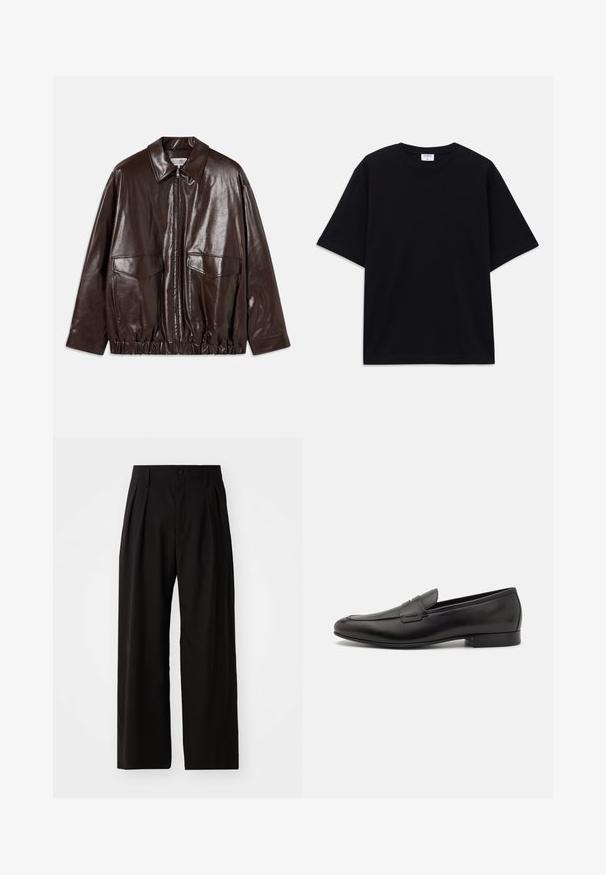 Pruun nahktagi, millel on lukuga esiosa, suured rinnakotid ja elastne vöökoht. Omab teravat kraed ja siledat tekstuuri.; Must t-särk, lühikeste varrukatega, üle mõõdu, ümmarguse kaelusega ja nähtava Filippa K brändi sildiga kaelas.; Mustad laiad püksid sileda tekstuuriga, millel on kaks esisturt, nupuga kinnitamine ja küljetaskud. Vastupidav kangas.; Mustad mustad nahast loafers, millel on voolujooneline disain, ümar varvas ja madal virnatud konts. Ülemisel osal on dekoratiivne õmblusdetail.