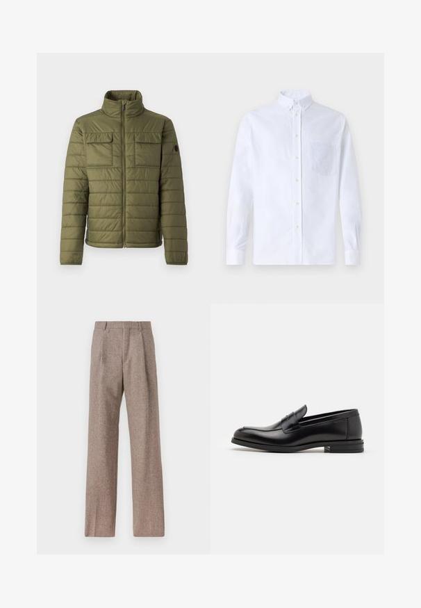 Maslinasto zelena podstava jakna s visokim ovratnikom, dva džepa za prsa i vertikalnim kviltanim uzorkom. Zatvaranje na patentni zatvarač i logo naglasak na rukavu.; Bijela košulja s dugim rukavima na dugme, izrađena od pamuka, s džepom na prsima s ton-sur-ton vezom, ovratnikom i dugmadi na manžetama.; Smeđe, hlače viskog struka od teksturiranog materijala. Imaju široke nogavice i dva prednja pregiba za strukturu. Uređen završetak bez vidljivih metalnih dijelova.; Crni kožni mokasini s glatkom teksturom, zaobljenim prstima i ukrasnom trakom preko prednjeg dijela. Niski slojeviti potplat, minimalistički dizajn.