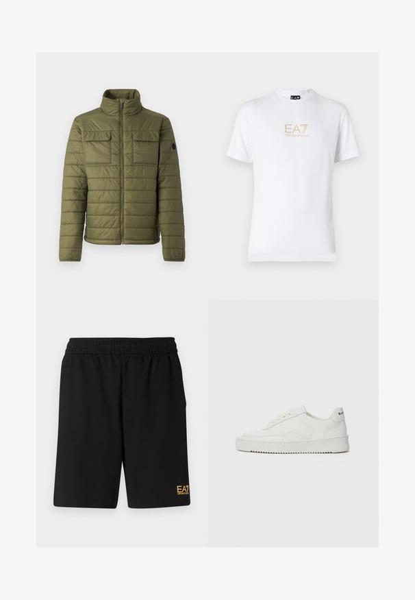 Alyvuogių žalios spalvos puspaltis su aukštu apykakle, dviem krūtinės kišenėmis ir vertikaliu siūlėtu raštu. Uždarymas užtrauktuku ir logotipo akcentas ant rankovės.; Balta medvilninė marškinėlių su apvaliu kaklu ir trumpomis rankovėmis, priekyje spausdintas auksinis EA7 Emporio Armani logotipas.; Juoda sportinė šortai, pagaminti iš minkštos medžiagos, su elastingu diržu ir maža geltona EA7 logo apatinėje kairėje kojoje.; Balti odiniai sportiniai bateliai su lygia apdaila, apvaliu pirštu, plokščiais raišteliais ir tekstūruotu padu. Pasižymi subtiliu logotipu ant kulno.