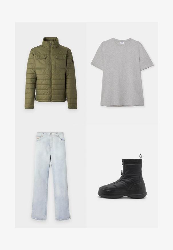 Oliivinvihreä vuorattu takki, jossa on korkea kaulus, kaksi rintataskua ja pystytilkkutöitä. Vetoketjukiinnitys ja logo korostus hihassa.; Harmaa lyhythihainen T-paita, joka on valmistettu pehmeästä ja teksturoidusta kankaasta. Varustettu klassisella pyöreällä pääntiellä ja suoraselkäisellä helman kanssa, sopii rentoon pukeutumiseen.; Vaaleansiniset farkut suoran lahkeen muotoilulla, joissa on napitus, viisi taskua ja kontrastiväriset ompeleet.; Musta vedenpitävä lumikenki, jossa on sileä synteettinen päällinen, vetoketjukiinnitys, pehmustettu kaulus ja teksturoitu kumipohja. Varustettu "MOON BOOT" -brändillä.