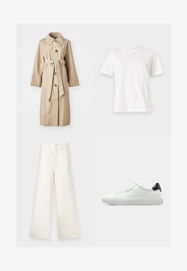 Palton bej dintr-un material neted, având un guler larg, patru nasturi maro, o curea la talie și mâneci lungi, lejere.; Tricou alb din bumbac cu mâneci scurte, guler rotund și o croială relaxată. Textură netedă, fără imprimeuri sau accente, design minimalist.; Pantaloni cu croi larg din bumbac bej deschis. Prezintă talie înaltă, buzunare frontale și croi drept. Terminare netedă a tivului, fără modele.; Tenisii albi cu un finisaj neted, cu accent pe toc negru și design cu șireturi. Prezintă branding-ul "Calvin Klein" pe lateral. Stil minimalist.