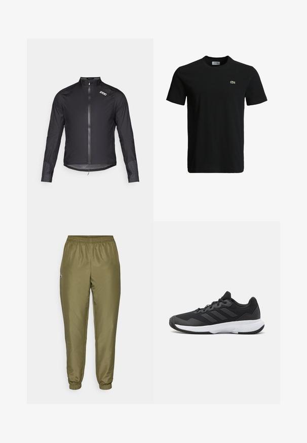 POC HAVEN RAIN JACKET - Vējjaka - uranium black; Melna kokvilnas T-krekls ar apaļu kakla izgriezumu, īsām piedurknēm un mazu zaļu krokodila logotipu kreisajā krūtī. Gluda tekstūra, ikdienišķs dizains.; OLIVZA zaļas sporta bikses ar elastīgu jostu, sašaurinātiem piedurkņu galiem un mazu logo detaļu. Izgatavotas no gludas, vieglas auduma.; Melna sporta apavi ar teksturētu virsu, trim horizontālām svītrām un baltu zoli ar rakstainu protektoru. Viegls un plūstošs dizains.