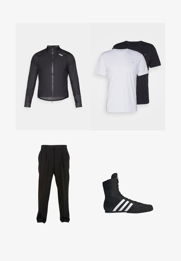 POC HAVEN RAIN JACKET - Cortaviento - uranium black; Dos camisetas de algodón en blanco y negro, de manga corta y cuello redondo, con un pequeño logo en el pecho, de textura suave.; Pantalones negros de tejido suave, con pliegues frontales, cinturilla con botón y puños en los tobillos ajustados. Silueta clásica y ajustada.; Zapatilla deportiva alta negra con un upper de tela texturizada, que presenta tres franjas blancas y un diseño de cordones al frente. Suela plana de goma en la base.