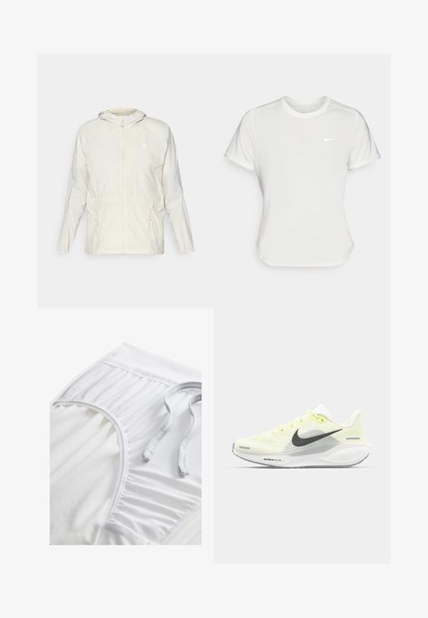 Chaqueta ligera de color crema con cremallera frontal, cordón ajustable en la cintura y mangas largas con capucha.; Camiseta Nike en blanco, de manga corta, escote redondo, hecha de una tela suave y ligera. Presenta un logo sutil en el pecho.; Pantalones cortos deportivos blancos con una cinta de cintura texturizada, detalles fruncidos en los laterales y un cordón plano. Tejido suave con un acabado liso.; Zapatillas de correr Nike con una parte superior de malla en amarillo claro y blanco, detalles en gris y una suela de goma flexible. Cuenta con un cierre de cordones.