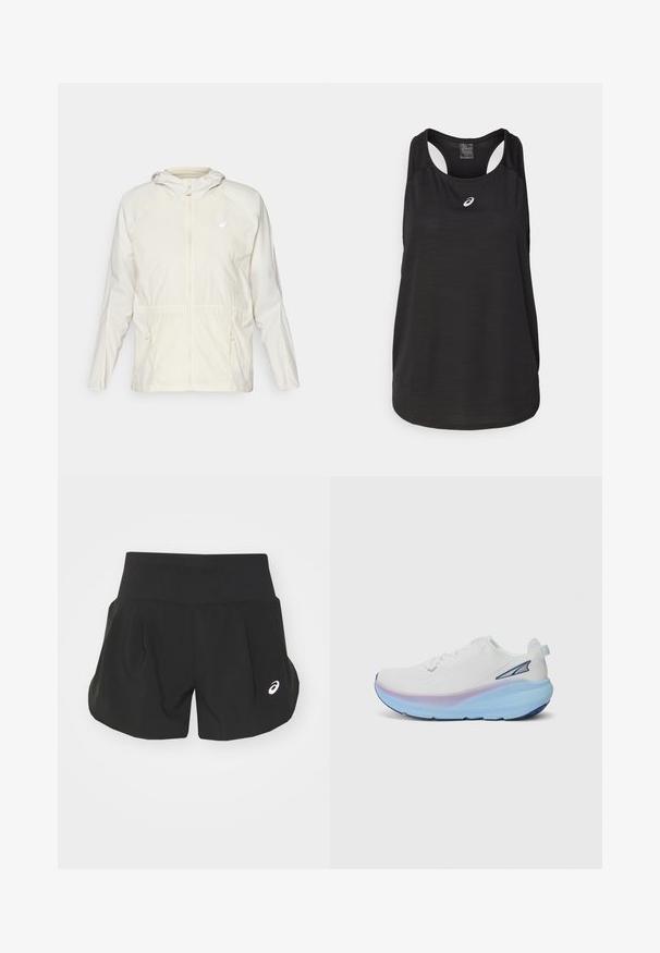 Kerge, kreemikaalune jakk, millel on ees lukuga kinnitamine, reguleeritav nöör vööl ja pikkade varrukatega kapuuts.; Must värviline sportlik naiste top, mis on valmistatud kergest kangast. Omab ümmargust kaelust, võistlusselja disaini ning esiküljel väikest valget logo.; Mustad mustrokid, laia vöökoht, pleekud disain ja väike valge logo aktsent vasakul alakul. Pehme, kerge materjal.; Valge jooksutoss, millel on tekstuurne ülemine osa, gradientne tall sinise ja lilla tooni üleminekuga ning väike aktsentlogo küljes.