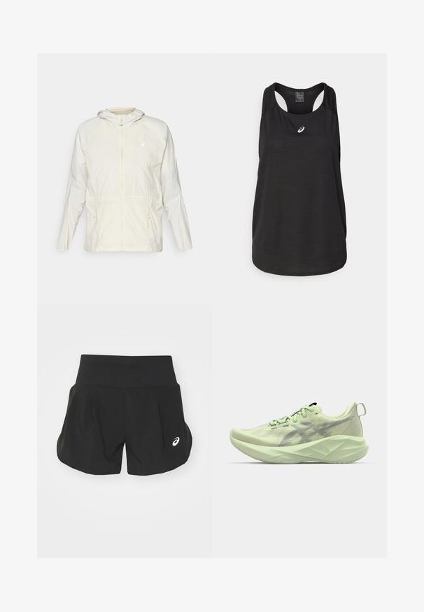 Kevyt, kerma värinen takki, jossa on edessä vetoketju, säädettävä nyöri vyötäröllä ja pitkät hihat hupulla.; Mustat urheilulliset hihaton paita, joka on valmistettu kevyestä kankaasta. Siinä on pyöreä kaula-aukko, urheilullinen selkämuotoilu ja pieni valkoinen logo edessä.; Mustat urheilushortsit, joissa on leveä vyötärönauha, laskostettu muotoilu ja pieni valkoinen logo vasemmalla alakulmassa. Pehmeä, kevyt materiaali.; Vihreä urheilukengät, joissa on verkkokangas yläosa, teksturoituja yksityiskohtia ja paksu, kulmikas pohja parempaan pehmustukseen ja tukeen.