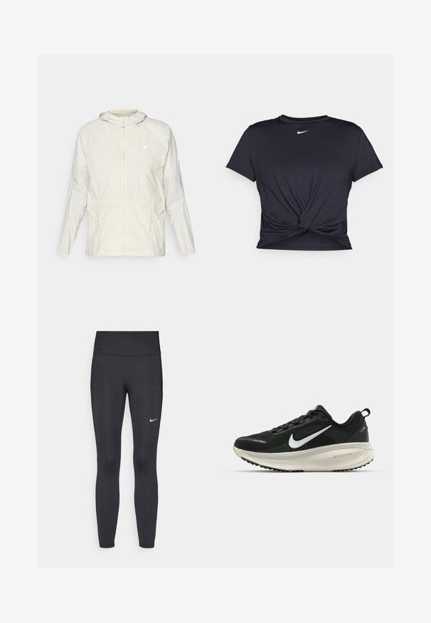 Kevyt, kerma värinen takki, jossa on edessä vetoketju, säädettävä nyöri vyötäröllä ja pitkät hihat hupulla.; Musta urheilu T-paita, joka on valmistettu sileästä kankaasta, jossa on solmittu etuosa ja pieni valkoinen Nike-logo rinnassa.; Mustat leggingsit joustavasta kankaasta, joissa on korkea vyötärö ja valkoinen Nike-logo vasemmassa reidessä. Sileä pinta, muotoaan myötäilevä suunnittelu.; Mustat Nike-juoksukengät, joissa on hengittävä verkko-osa, valkoinen swoosh-logo, teksturoitu yksityiskohtaus ja kermaisen värinen ZoomX-välipohja.