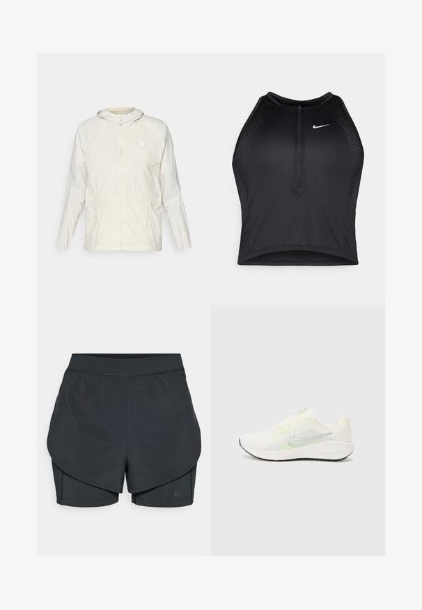 Kerge, kreemikaalune jakk, millel on ees lukuga kinnitamine, reguleeritav nöör vööl ja pikkade varrukatega kapuuts.; Must negra spordiline crop top, millel on lukk ees, võrgukangast detailid ja vormiv disain. Valmistatud venivast ja hingavast kangast. Nike logo ees.; Mustad musta sportlikud lühikesed püksid kihilise disainiga, millel on sile välimine kiht ja istuvad sisepüksid. Valmistatud kergest, venivast kangast.; Nike Performance DOWNSHIFTER 13 - Maanteejooksu jalatsid - sail/silver-coloured photon dust/summit white/barely volt/black