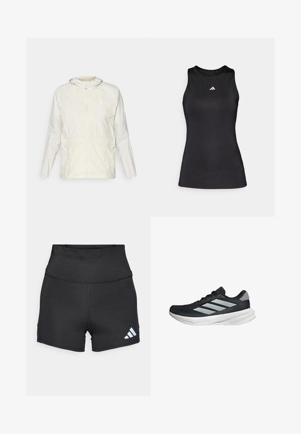 Lätt, krämfärgad jacka med dragkedja fram, justerbar dragsko i midjan och långa ärmar med huva.; Svart ärmlös atletisk topp gjord av smidigt tyg. Har en rund halsringning och en liten vit Adidas-logotyp på bröstet.; adidas Performance Tights - black; Svart löparskor med meshtopp, tre silverränder, vit mellansula och strukturerad sula. Har vadderad krage och snörning.