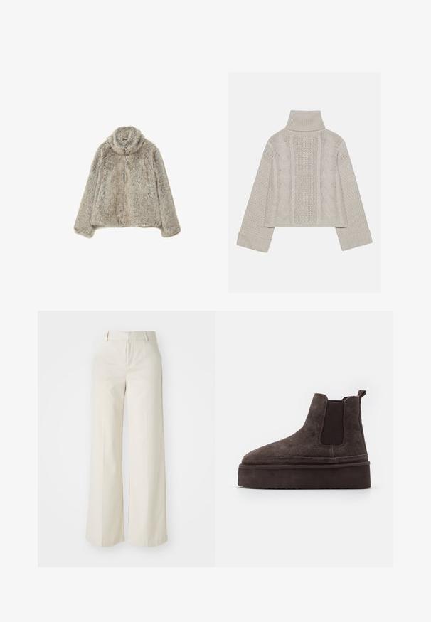 Faux-Fur-Jacke in Hellgrau mit hohem Kragen. Sie zeichnet sich durch eine weiche, strukturierte Oberfläche und eine lockere Passform aus, die sich gut zum Schichten eignet.; Gekürzter, hellgrauer Strickpullover mit hohem Kragen und gerippten Bündchen, ausgestattet mit strukturierten Zopfmustern entlang des Rückens und der Seiten.; Weite Hosen in einem hellbeigen Farbton, aus einem glatten Stoff gefertigt. Mit einem klassischen Bund und flachem Vorderteil, das klare Linien zeigt.; Braune Wildleder Chelsea-Stiefel mit elastischen Seitenpaneelen und einer dicken, strukturierten Plattformsohle. Mit einem Ziehband an der Ferse für ein einfaches An- und Ausziehen.