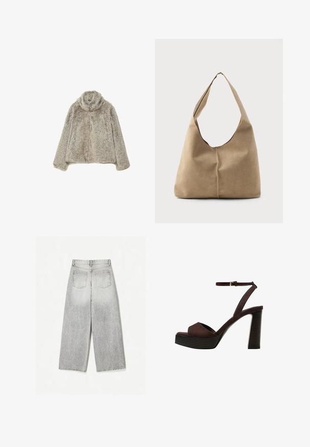 Syntetická kožušinová bunda svetlosivej farby s vysokým golierom. Má jemný, textúrovaný povrch a voľný strih, vhodný na vrstvenie.; Hnedé tričko s krátkym rukávom vyrobené z jemného materiálu, s okrúhlym výstrihom a voľným strihom. Žiadne viditeľné vzory ani akcenty.; Džínsy s širokými nohavicami v sivej farbe s bledým vzhľadom, so slepými zadnými vreckami a surovým lemovaním.; Hnedé semišové sandále na vysokom podpätku s otvorenou špičkou, nastaviteľným členkovým remienkom a pruhovanou platformovou podrážkou.; Hobo taška z mäkkej béžovej semišovej kože so splývavým tvarom, širokým ramenným popruhom a ručne šitým detailom švu na prednej strane.