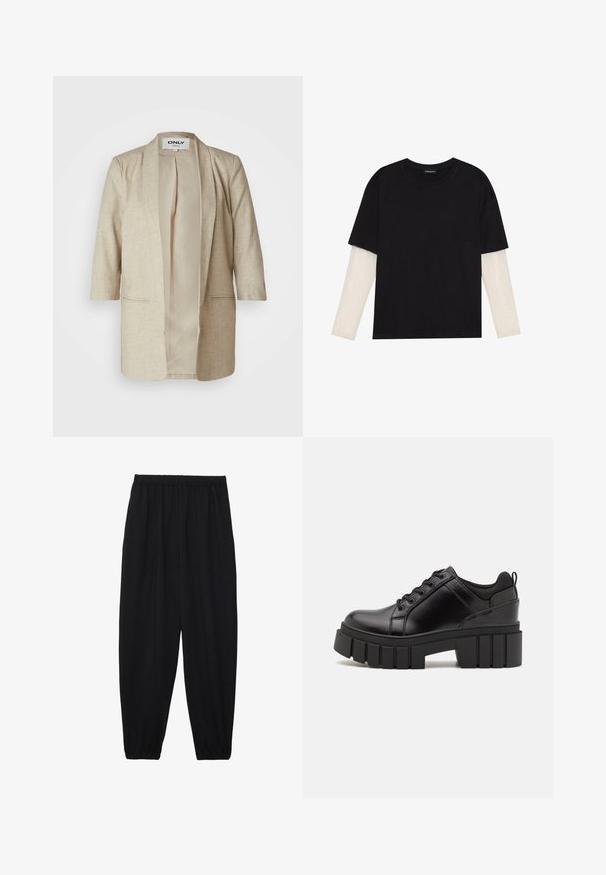 Blazer beige ouvert en tissu texturé, doté de deux poches avant, d'une coupe décontractée et d'une doublure intérieure unie. Sans boutons ni fermeture.; T-shirt noir en coton, avec des manches courtes sur une couche à manches longues blanche avec un motif texturé subtil. Col rond.; Pantalons noirs légers avec une taille élastique et des chevilles froncées. Le tissu est lisse et présente un design décontracté et fuselé.; Chaussures à plateforme en cuir noir avec un talon bloc épais, bout rond et un design traditionnel à lacets. Elles présentent une texture lisse et un détail minimal.