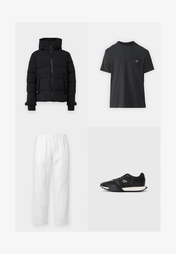 Belstaff PULSE JACKET - Sulejope - black; Must musta T-särk lühikeste varrukatega, ümmarguse kaelusega ja väikese rohelise logoga vasakus rinnataskus. Lihtne disain, regulaarne lõige.; Valged linased püksid, millel on elastne vöökoht, sirge säärejoon ja pehme tekstuur, ilma nähtavate mustrite või riistvara detailideta.; Mustad mustad spordijalatsid sileda nahkviimistlusega, tekstuurse kummitaldiga, valge vahevaibaga ja rohelise brodüüritud logoga küljele.