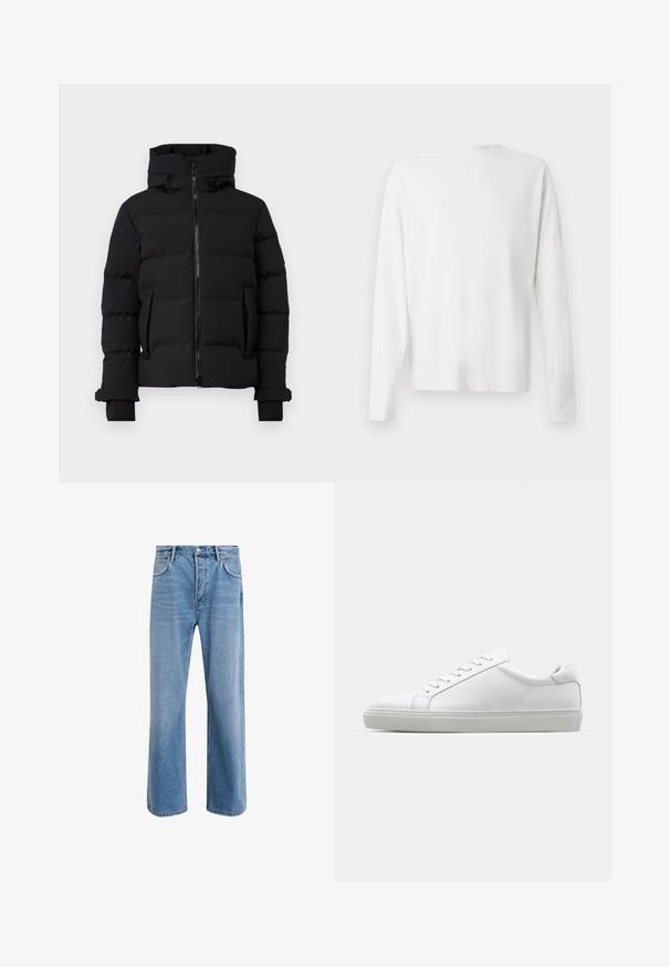 Belstaff PULSE  JACKET - Jakna ispunjena paperjem - black; Bijela pamučna košulja dugih rukava s okruglim izrezom, bočnim prorezima pri dnu i glatkom teksturom, prikazana s leđa.; Svijetloplave traperice s ravnim nogavicama, pet džepova, zatvaranjem na gumb, minimalnim izbljeđivanjem i kontrastnim šavovima.; Bijela tenisica s glatkim kožnim gornjim dijelom i niskim profilom. Ima zaobljen vrh, šest rupica za vezanje i teksturiranu gumenu podlogu.