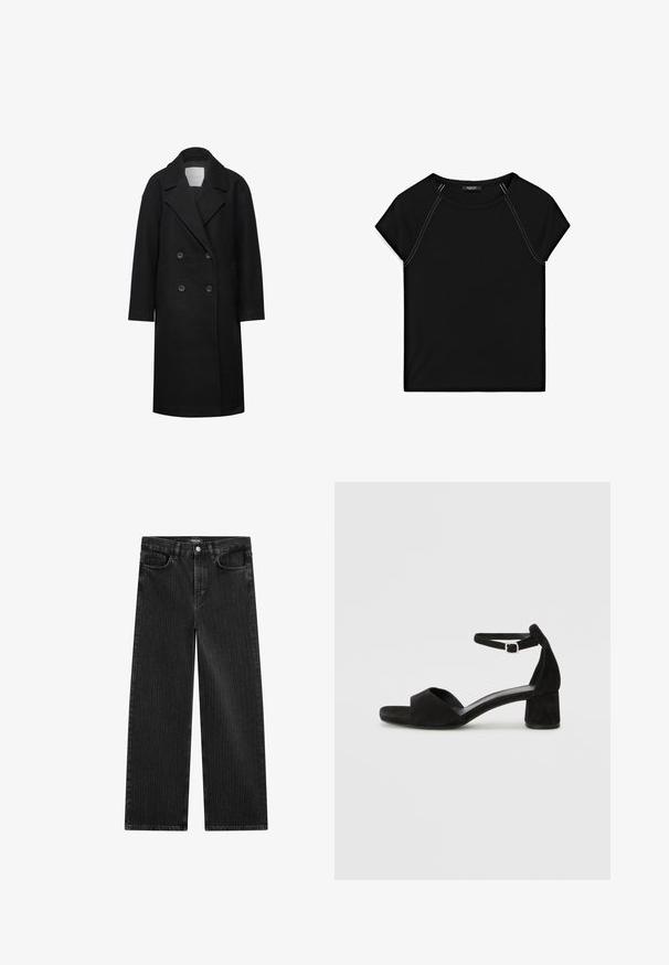 Cappotto doppio petto nero con ampi rever, realizzato in tessuto misto lana, dotato di due tasche anteriori e bottoni, design fino al ginocchio.; Top nero a maniche corte con scollatura rotonda e cuciture bianche in contrasto lungo le spalle e i lati. Tessuto morbido e liscio.; Jeans in denim nero a gamba larga con un sottile motivo a righe verticali, dotati di cinque tasche e una chiusura a bottone classica in vita.; Sandali con tacco in suede nero, con una sottile fascia alla caviglia, design open toe e un discreto tacco a blocco. Texture liscia e decorazioni minime.