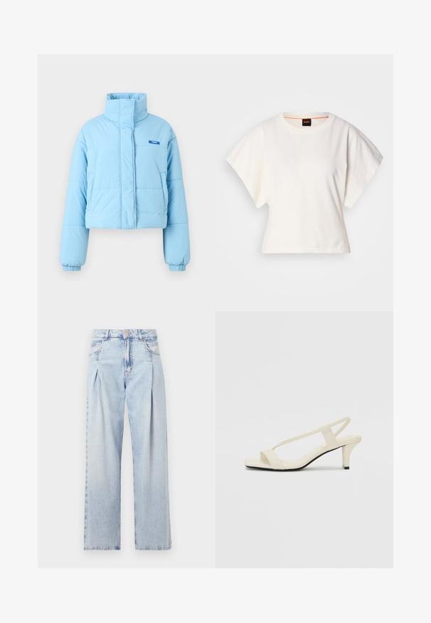 Cropped light blue puffer jacket with a high collar, elastic cuffs, two front pockets, and a small blue logo detail on the chest.; White cropped T-shirt, short wide sleeves, soft cotton material, round neckline with subtle orange trim, minimal design, no patterns or graphics.; Light blue denim jeans with a high waist, wide-leg cut, two side pockets, and pleated design feature. Soft texture with a faded finish.; Beige block-heeled sandals with thin straps and a square toe. Smooth material with minimal detailing, designed for easy wear.