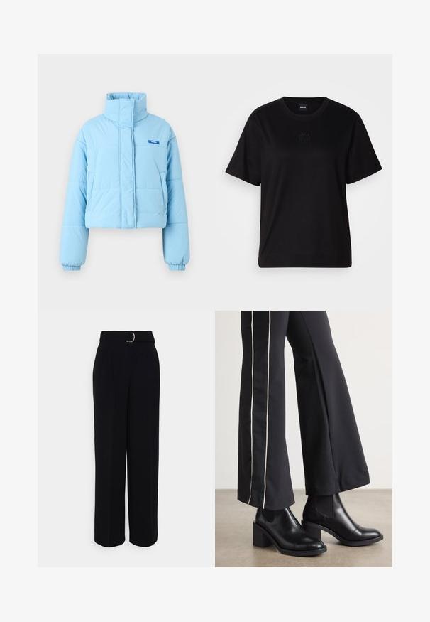 Kuttet lyseblå dunjakke med høy krage, elastiske mansjetter, to frontlommer og en liten blå logo på brystet.; Svart bomull T-skjorte med rund hals, korte ermer og et brodert logo på brystet. Enkel, avslappet passform uten mønstre.; Sorte skræddersydde bukser med bred ben silhuett, med et belte med sølvspenne, legg og en glatt tekstur.; Sorte skinn ankle boots med blokkhæl, med elastiske sidepaneler. Kombinert med sorte bukser som har en hvit sidestripe.