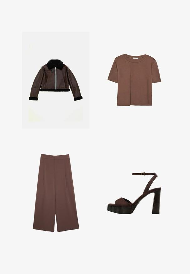 Brun læder cropped jakke med en sort pelskrave og manchetter. Har en lynlås foran og to sidelommer. Tekstureret finish.; Brun kortærmet t-shirt lavet af blødt stof, med rund halsudskæring og afslappet pasform. Ingen synlige mønstre eller detaljer.; Brune bredbunde bukser med en glat tekstur, der har høj talje og plisseringer foran. Stoffet er let og falder løst.; Brune ruskinds højhælede sandal med åben tå, justerbar ankelrem og en stribet plade sål.