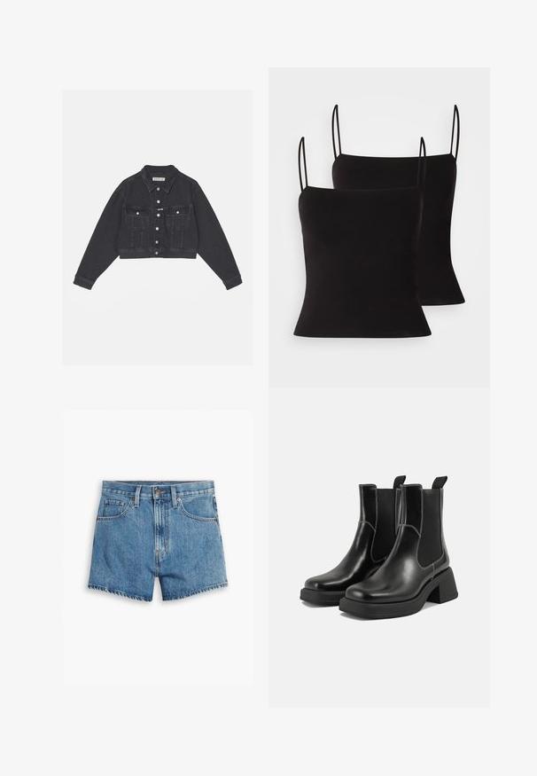 Črn zgoraj skrajšan jeans jakna z dvema vaščnima žepoma, gumbom za zapiranje in dolgimi rokavi. Ima kontrastno šivanje in klasičen ovratnik.; Črne topi brez rokavov s tankimi naramnicami, izdelani iz gladkega, elastičnega materiala in prilegačega kroja. Paket vsebuje dva kosa.; Jeans kratke hlače v svetlo modri barvi, z povezavami za pet žepov, zadrgo in gumbom. Rob je razfrcan, oblikovane so v sproščenem kroju.; Črne usnjene Chelsea škornje s širokim petami, elastičnimi stranskimi ploščami in kontrastnim belim šivanjem. Teksturirana površina.