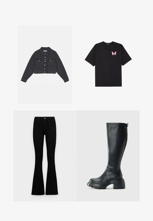 Juodas trumpas džinsinis švarkas su dviem krūtinės kišenėmis, mygtukų uždarymu ir ilgomis rankovėmis. Yra kontrastingos siūlės ir klasikinis apykaklė.; Juodas medvilnės marškinėliai trumpomis rankovėmis, su maža rožine drugelio grafika kairėje krūtinės pusėje. Apvalus kaklo iškirpimas, laisvas kirpimas.; Juodos aukšto liemens džinsai su mygtuku ir užtrauktuku, priekinėmis kišenėmis ir platėjančiomis kojomis, išdėstyti ant baltos fono.; Ilgas juodos odinės batai su masyvi platforma ir stačiakampiu kulnu, turintys traukimo kilpą ir tekstūruotą pado raštą.