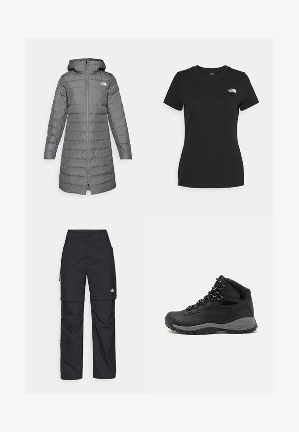 Γκρίζο μπουφάν πούφας με κουκούλα, διαθέτοντας φερμουάρ μπροστά, κατακόρυφο ραμμένο σχέδιο και λογότυπο στην αριστερή πλευρά του στήθους.; Μαύρο βαμβακερό T-shirt με στρογγυλή λαιμόκοψη και κοντά μανίκια. Εντυπωσιακό λευκό λογότυπο στην επάνω αριστερή πλευρά. Λείος υφασμάτινος χαρακτήρας, άνετη εφαρμογή.; Μαύρα νάιλον παντελόνια cargo με φερμουάρ που αφαιρούνται, ρυθμιζόμενους καρπούς, πολλαπλές τσέπες και λογότυπο στο δεξί πόδι. Απαλή, ελαφριά υφή.; Μαύρο ορειβατικό μποτάκι με μεσαίο ύψος, διαθέτει υφή στην επάνω επιφάνεια, γκρι λεπτομέρειες και ανθεκτική καουτσούκ σόλα με αυλάκια πρόσφυσης.