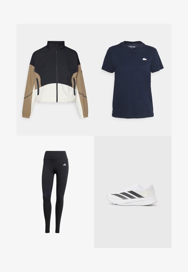 Fargeblokkert jakke med svart overdel, brune ermer og hvit underdel. Den har høy krage, glidelås foran og to sidelommer.; Marineblå bomulls t-skjorte med rund hals og korte ermer. Har en liten hvit Lacoste-logo på venstre bryst. Myk tekstur.; Svarte leggings laget av elastisk materiale, med høy midje og en liten hvit logo, med en glatt, matt finish.; Hvit sportssko med svarte diagonale striper, mesh-overdel, rund tå og teksturert såle. Detaljene inkluderer en sølvfarget hæl og minimalistisk design.