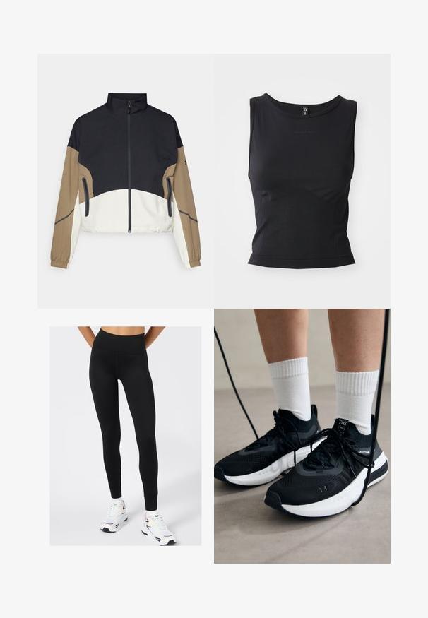 Kleurblokken jack met een zwarte bovenkant, bruine mouwen en een witte onderzijde. Het heeft een hoge kraag, een ritssluiting aan de voorkant en twee zijzakken.; Zwart mouwloos sporttop gemaakt van gladde stof, met een ronde halslijn en een getailleerd silhouet met subtiele logo-details.; Zwarte hoge taille legging van rekbaar materiaal, met een gladde textuur en subtiele logo-details, gecombineerd met witte sportschoenen.; Zwarte sportschoenen van gestructureerde stof, met een witte zool en zwarte veters. Draag ze met witte geribde sokken, staand op een lichte ondergrond.