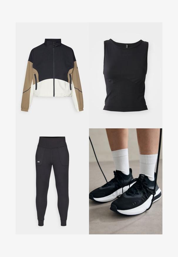 Chaqueta de bloques de color que presenta una parte superior negra, mangas marrones y una sección inferior blanca. Cuenta con un cuello alto, cierre de cremallera en el frente y dos bolsillos laterales.; Camiseta sin mangas negra deportiva, fabricada con tejido suave, que presenta un escote redondeado y una silueta ajustada con un sutil detalle de logo.; Leggings deportivos negros hechos de material elástico, con una cintura alta, bolsillos laterales y puños ajustados en el tobillo.; Zapatillas deportivas negras con tela texturizada, suela blanca y cordones negros. Llevadas con calcetines blancos de canalé, de pie sobre una superficie clara.