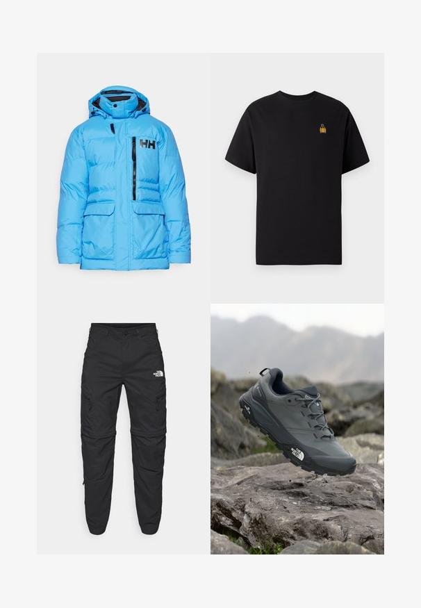 Chaqueta de plumas azul con un alto cuello, cremallera frontal y un logotipo negro prominente. Cuenta con dos bolsillos frontales y una capucha desmontable.; Camiseta de algodón negra con mangas cortas, escote redondo y un pequeño diseño bordado amarillo en la parte izquierda del pecho.; The North Face EXPLORATION TAPERED CONVERTIBLE - Pantalones montañeros largos - black; Zapatilla de trail running gris con parte superior texturizada, suela de goma duradera y puntera reforzada. Cuenta con cordones y logo de la marca en el lateral.