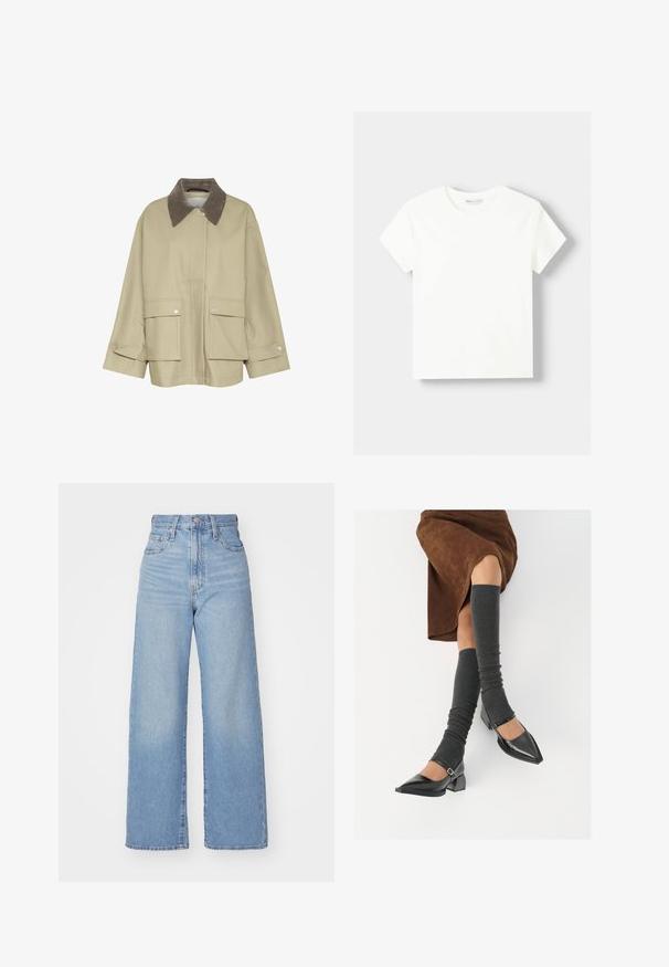 Beige jakke med en brun fløjlskraver, to forsæde lommer og trykknapdetaljer. Har en lige pasform og lange ærmer.; Hvid bomulds T-shirt med rund halsudskæring og korte ærmer. Enkel design, glat tekstur, ingen mønstre eller detaljer.; Lyseblå brede jeans lavet af denim. Har høj talje, fem-lomme design og knaplukning. Lige snit med en ren kant.; Sorte patenterede lædersko med spids tå, blokhæl og ankelrem, kombineret med grå ribbede benvarmere og en brun ruskinds nederdel.