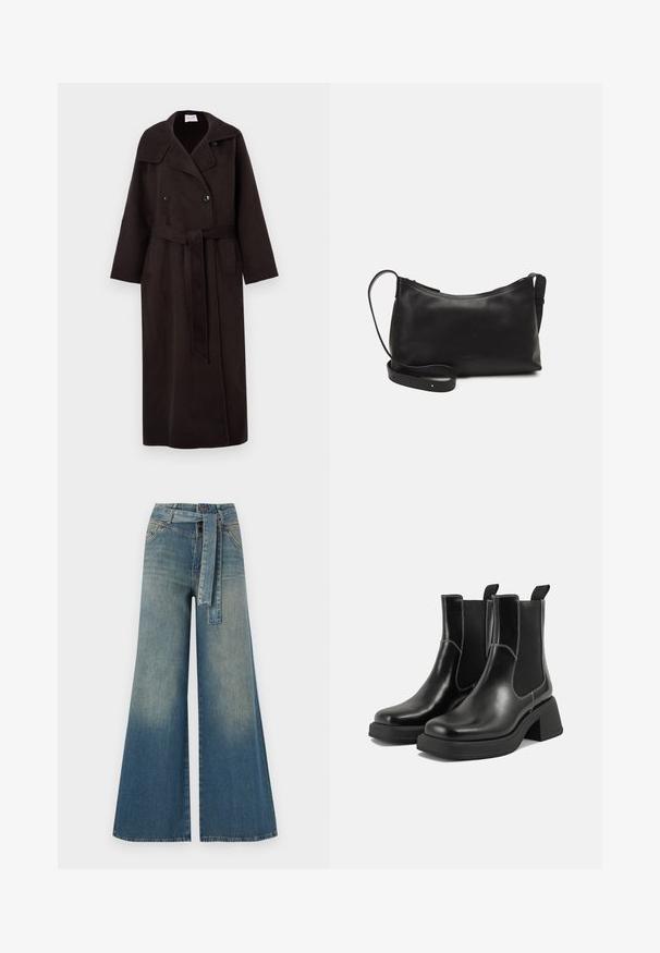 Cappotto lungo di colore marrone scuro, realizzato in lana, con chiusura doppiopetto, ampio colletto, tasche laterali e una cintura coordinata legata in vita.; Maglione leggero in maglia color crema con maniche lunghe, scollatura rotonda e orlo a coste. Tessuto testurizzato con una vestibilità ampia e rilassata.; Pantaloni in denim a gamba larga con una sfumatura che va dal blu chiaro al blu scuro, vita alta, passanti per cintura e una cintura in tessuto coordinato. Finitura in denim strutturato.; Stivali Chelsea in pelle nera con tacco spesso, pannelli elasticizzati sui lati e cuciture bianche a contrasto. Finitura testurizzata.; Borsa a spalla in pelle nera con una texture liscia, forma curva, tracolla regolabile e chiusura con zip. Design minimalista senza ornamenti.