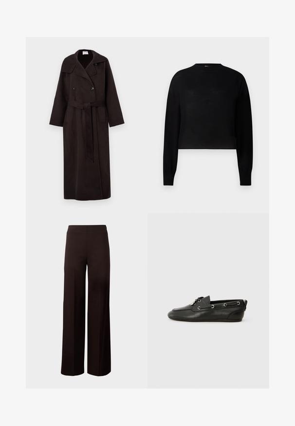 Abrigo largo de color marrón oscuro hecho de lana, con un frente de doble botonadura, gran cuello, bolsillos laterales y un cinturón a juego atado en la cintura.; Suéter corto negro de manga larga con cuello redondo. Fabricado con un material ligero de textura suave y un diseño minimalista.; Pantalones negros de pierna ancha con una cinturilla elástica, fabricados en un tejido suave y elástico. Presentan un diseño limpio sin patrones.; Zapatos de barco de cuero negro con punta redonda, parte delantera con cordones, ojales de metal y suela plana. Presenta una pequeña pestaña en la parte trasera.