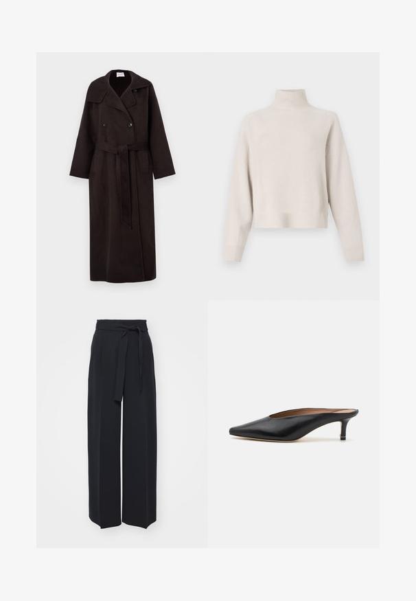 Lange, donkerbruine wollen jas met een dubbelzijdige voorkant, grote kraag, zakken aan de zijkant en een bijpassende riem die om de taille is gestrikt.; Lichtbeige coltrui gemaakt van zachte stof. Kenmerkt zich door een relaxte pasvorm, ribbelboorden en lange mouwen. Minimalistisch ontwerp.; Zwarte wijde broek van zachte stof. Voorzien van een ceintuur en plooien aan de voorkant. Glad textuur met een strakke, hedendaagse stijl.; Zwarte leren muiltjes met een puntige neus en een lage, blokhak. Glad oppervlak met een gestroomlijnd ontwerp. Open achterkant met minimale details.