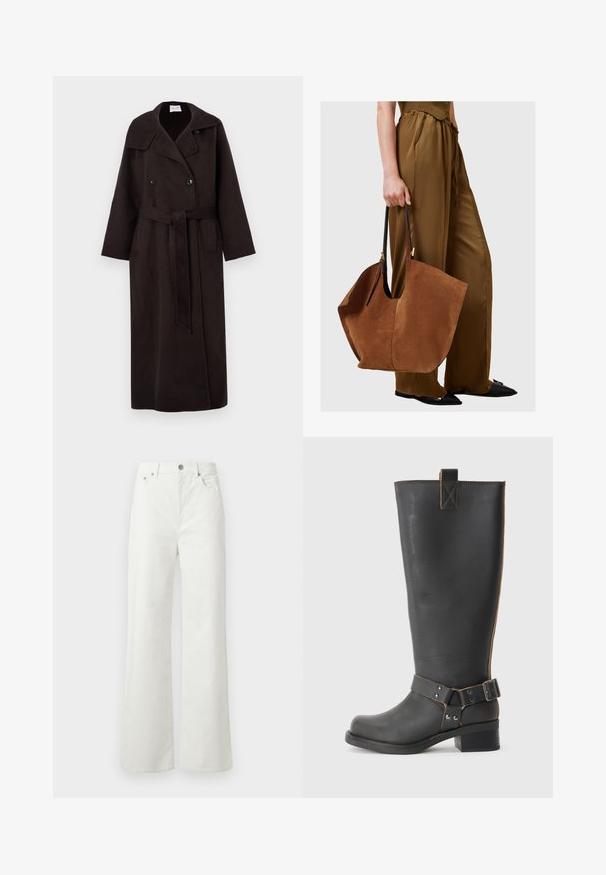 Cappotto lungo di colore marrone scuro, realizzato in lana, con chiusura doppiopetto, ampio colletto, tasche laterali e una cintura coordinata legata in vita.; Maglione a collo alto color crema, realizzato in tessuto lavorato a maglia con texture, dotato di polsini e orlo a costine, con una vestibilità ampia e fessure laterali.; Samsøe Samsøe SHELLY - Jeans baggy - clear cream; Stivale nero in pelle alta fino al ginocchio con finitura texturizzata, caratterizzato da un'accento a fibbia laterale e un tacco basso. Cuciture dettagliate lungo le cuciture.; Borsa tote in suede marrone con manici in pelle nera, caratterizzata da una forma ampia e morbida e un design minimalista, tenuta da una persona in pantaloni marroni.